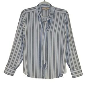 LOFT Blouse Blue White Medium Petite Striped Neck Bow Tie Long Sleeve Shirt Work